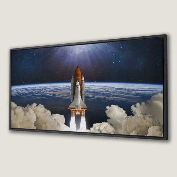 Framed Wall Art: Space shuttle launching above Earth, vibrant blues, oranges, and whites. Perfect for space enthusiasts! Add a touch of wonder to your walls.