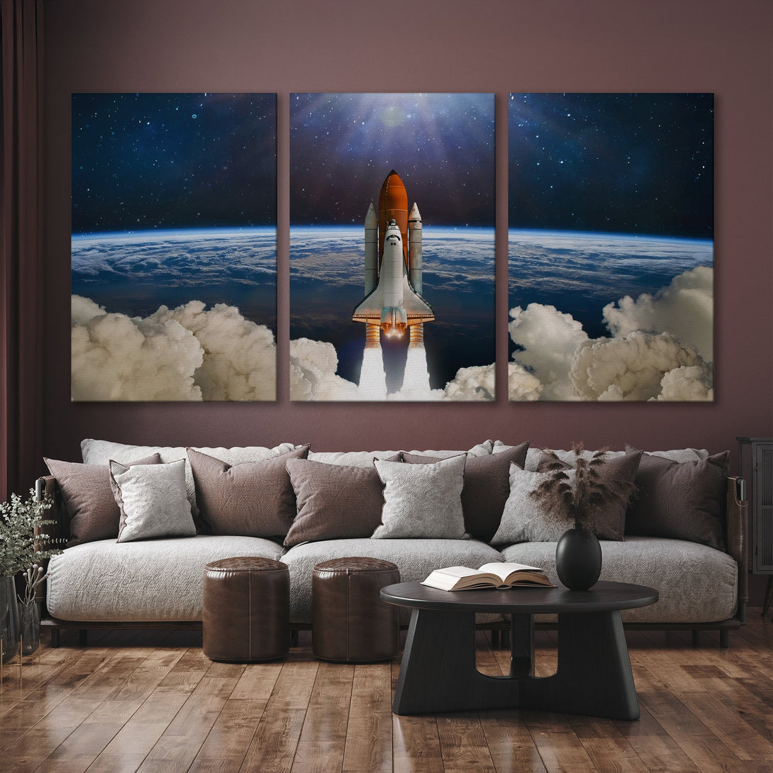 Canvas Print of a space shuttle launch against a starry sky. Dramatic, modern art in blue, orange, and white tones. Perfect wall decor!