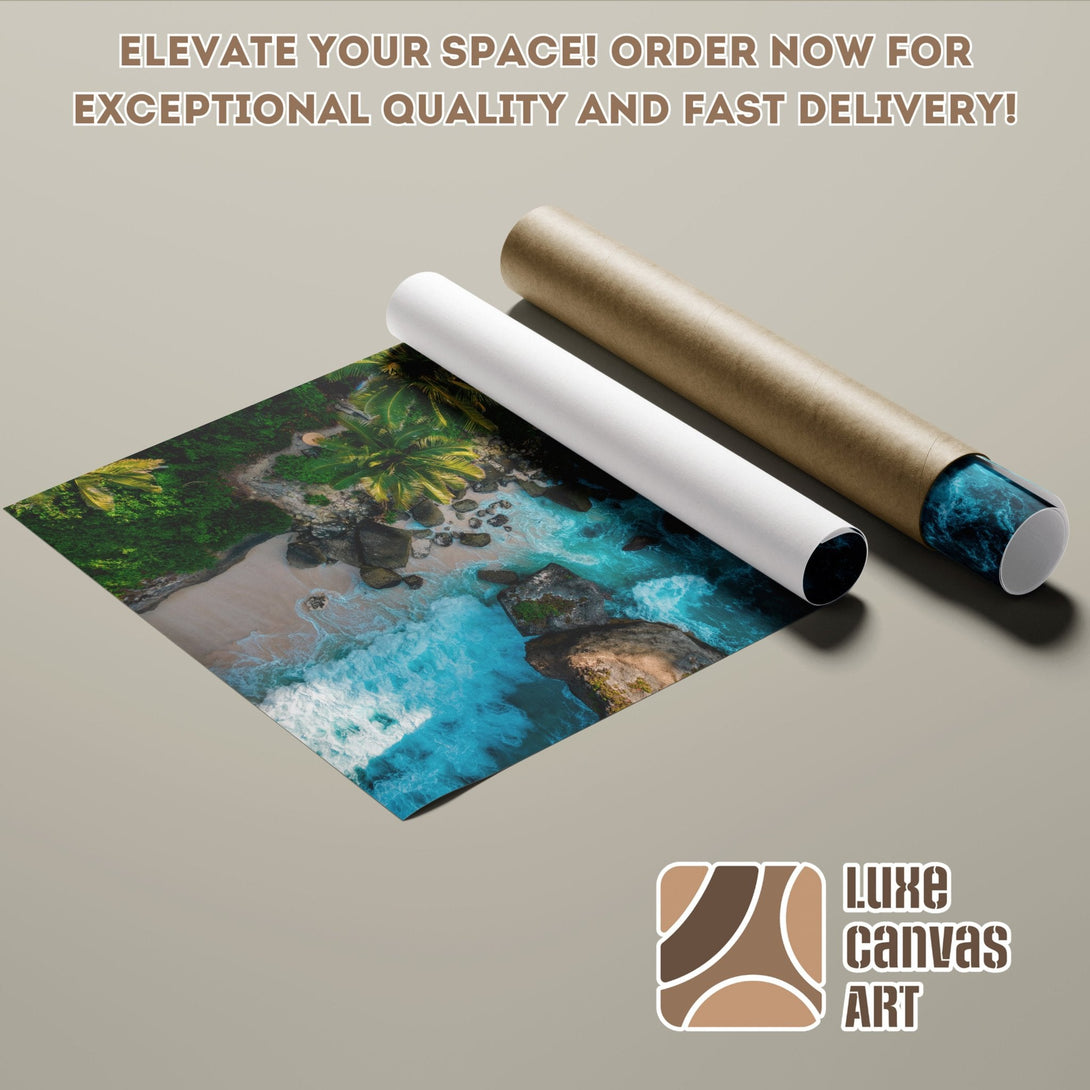 Tropical beach Poster Roll art print with vibrant blue and green colors. Elevate your space!