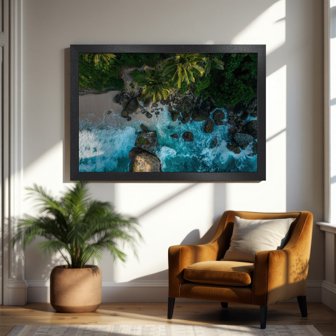 Framed Poster of a tropical beach scene. Coastal art in green, blue, and beige tones. Perfect wall decor for a relaxing vibe.