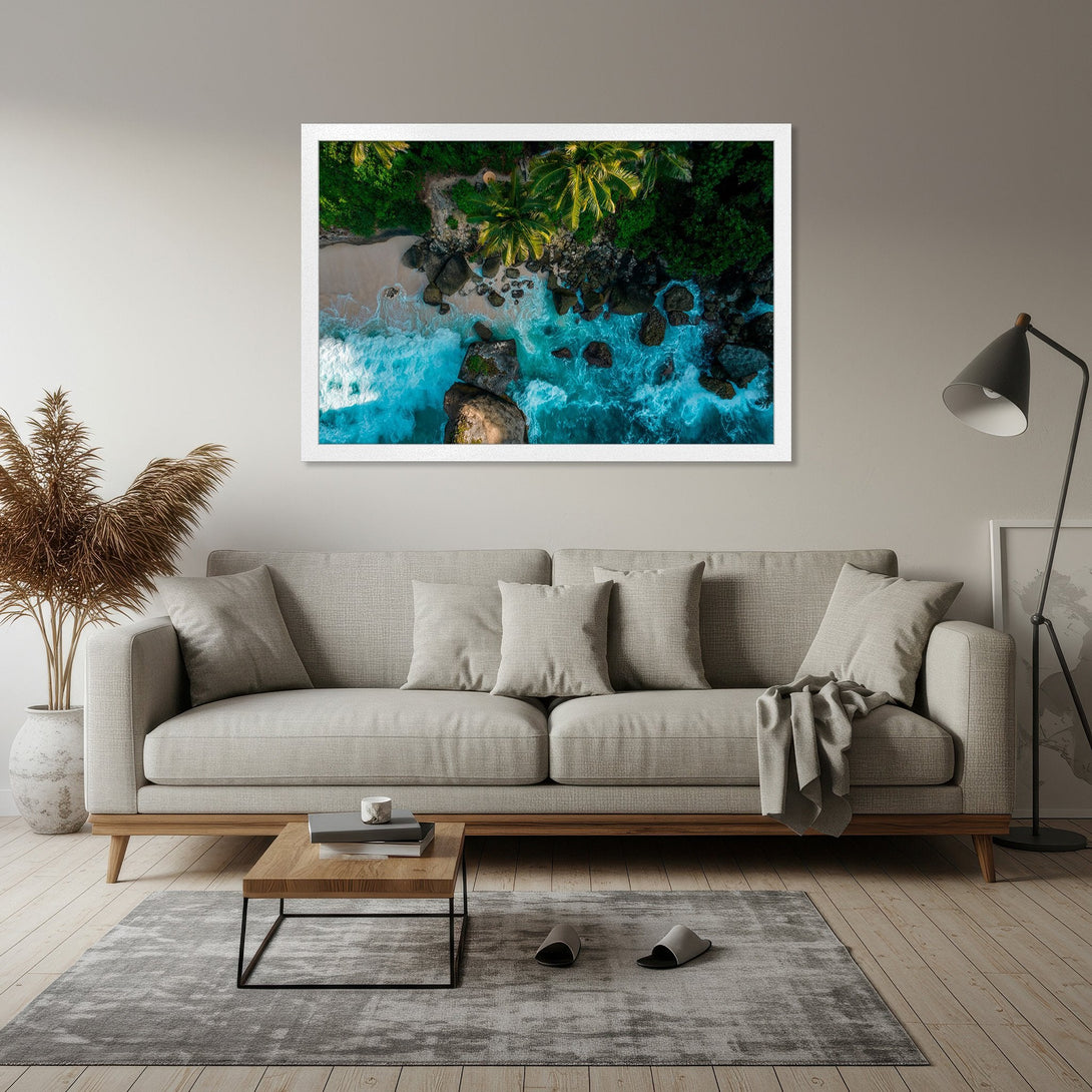 Framed Poster of a tropical beach scene, aerial view. Coastal style with blue, green, and white color palette. Perfect wall art.