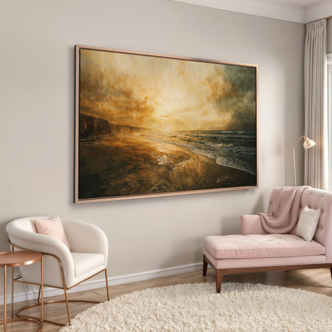 Framed Wall Art of a beach sunset in warm gold and brown tones, displayed in a cozy interior with pink accents.