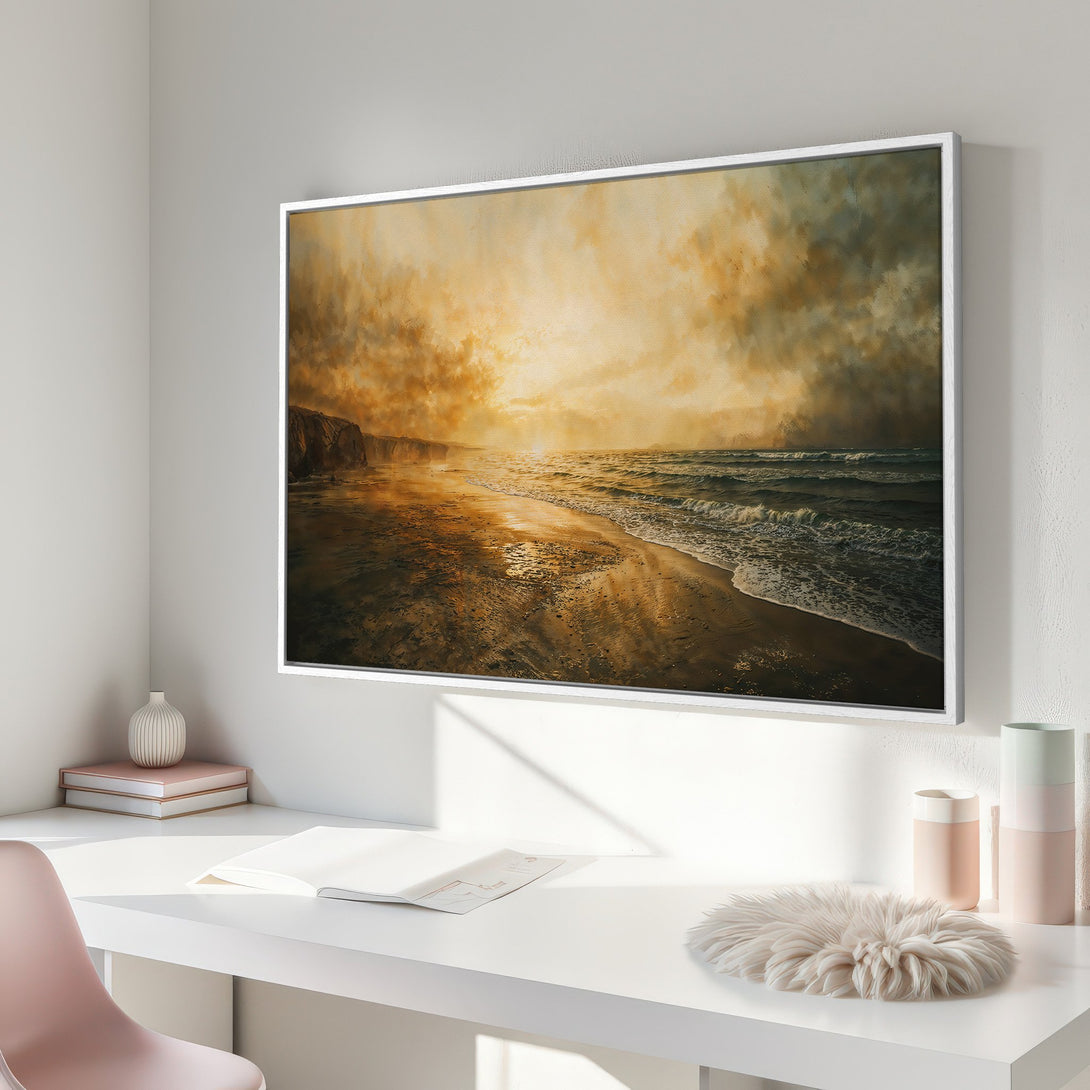 Framed Wall Art: Dramatic beach sunset painting in warm gold and brown tones. Coastal art for a serene home.