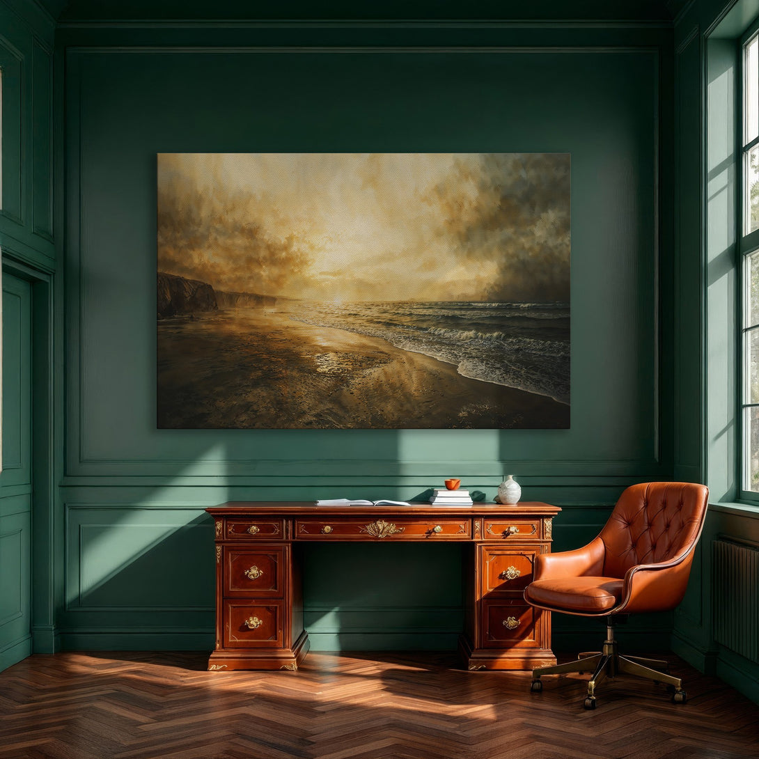 Framed Wall Art: Coastal sunset Canvas Print in warm gold and beige tones. Enhance your dining room with this stunning landscape.
