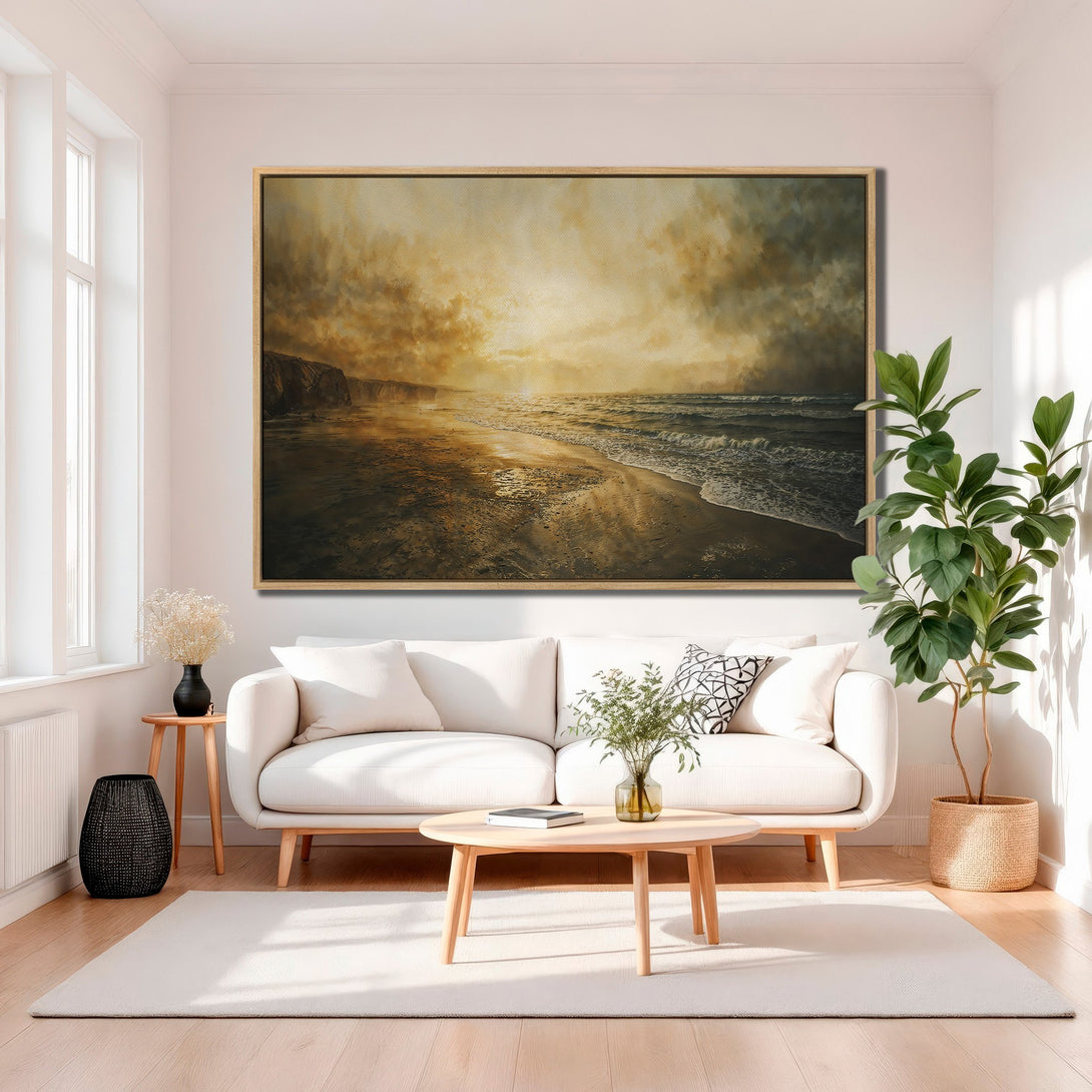 Framed Wall Art: Coastal landscape Canvas Print in warm, earthy tones. Perfect for adding a touch of serenity and style to your living room.