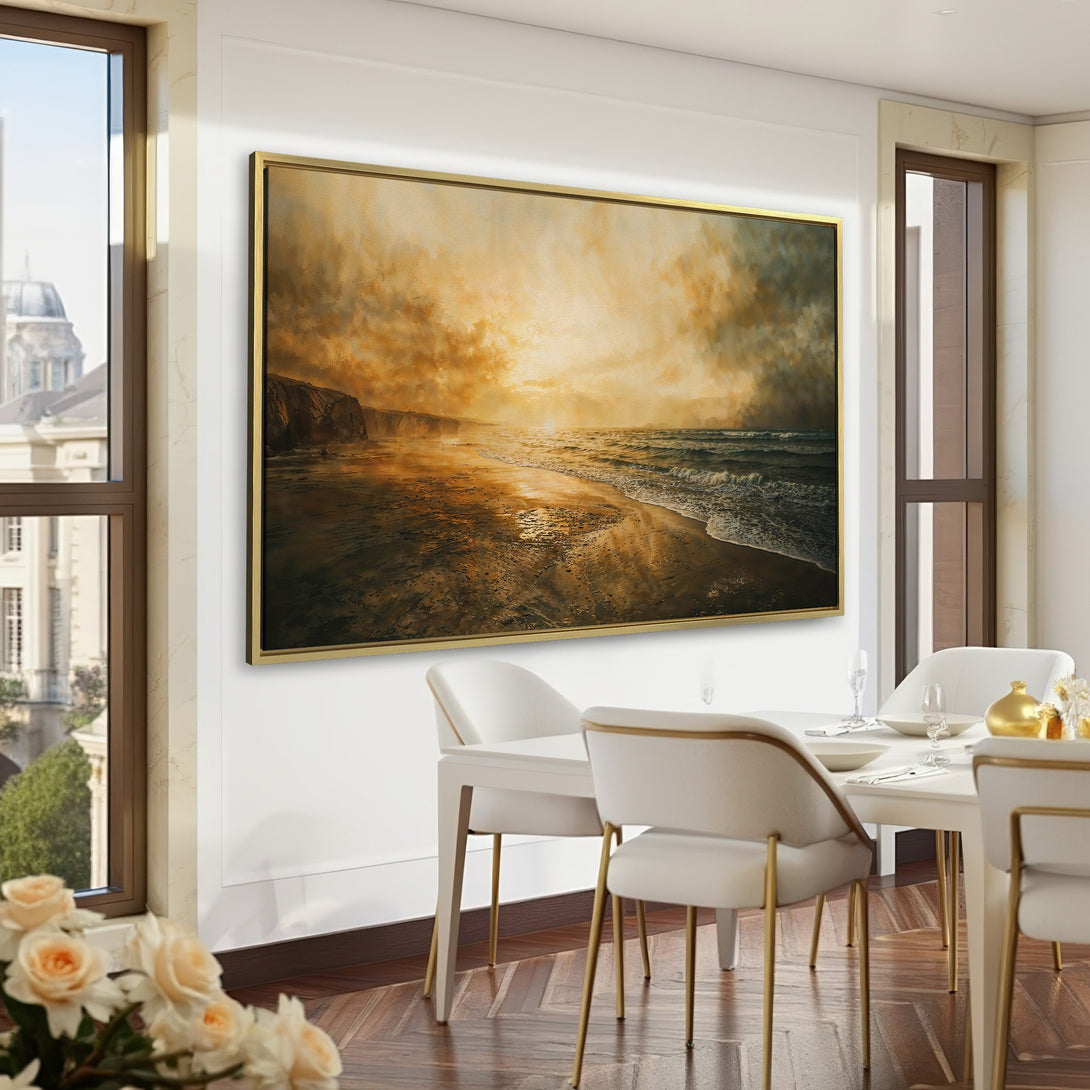 Canvas Print of a dramatic beach scene with warm, earthy tones. Coastal wall art perfect for any room.