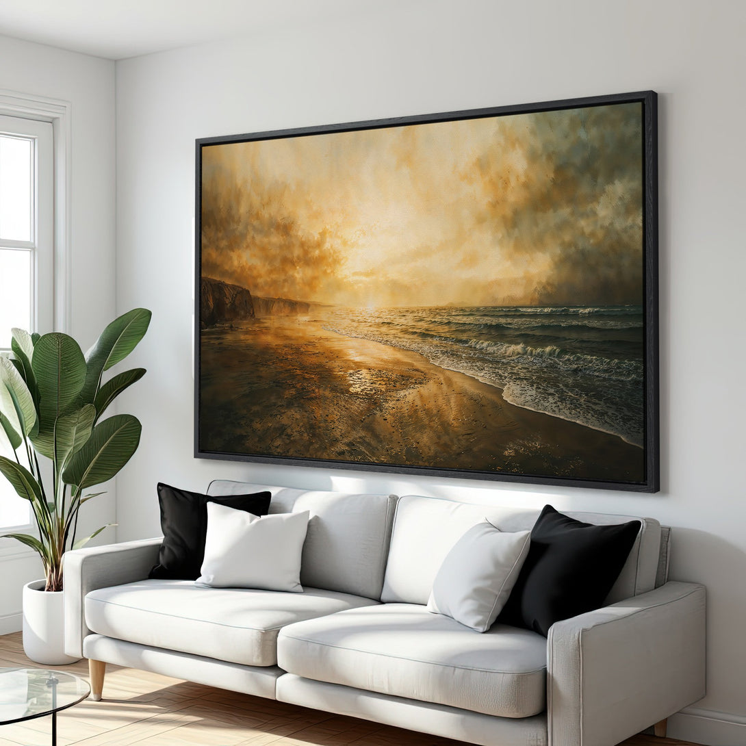 Framed Wall Art: Coastal landscape Canvas Print in warm, earthy tones. Enhance your living room with this stunning sunset scene.