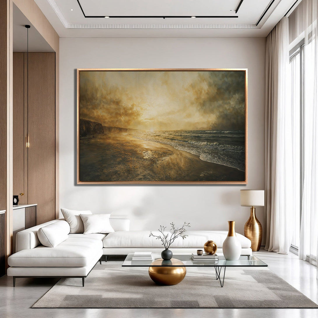 Framed Wall Art: Coastal landscape Canvas Print in warm, earthy tones. Perfect for adding a touch of serenity and style to your living room.