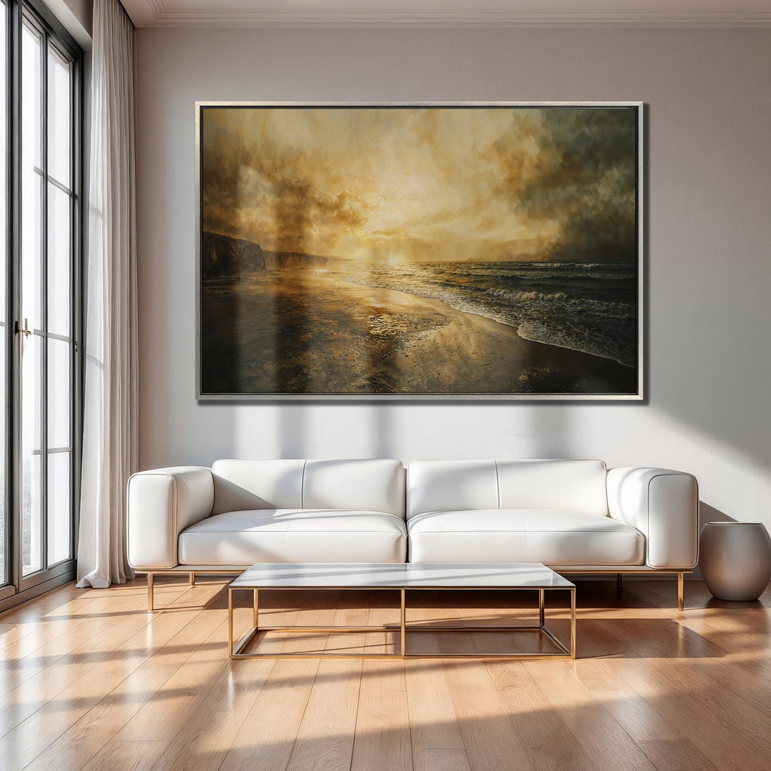 Framed Wall Art: Coastal landscape Canvas Print in warm sunset tones. Add a touch of serenity and style to your living room decor.