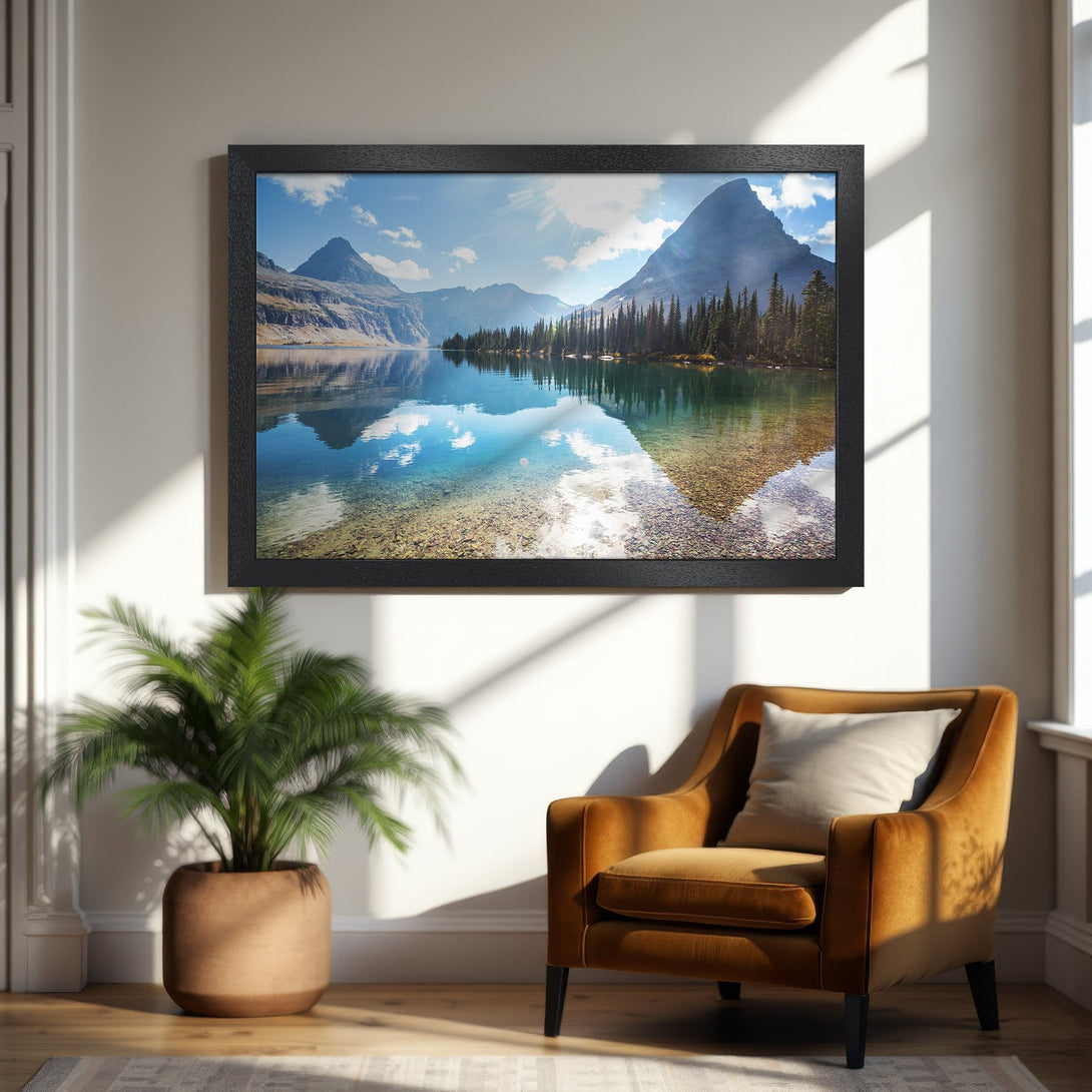 Framed Poster featuring a serene mountain lake scene. Nature-inspired art with a cool blue and green color palette. Perfect wall decor.