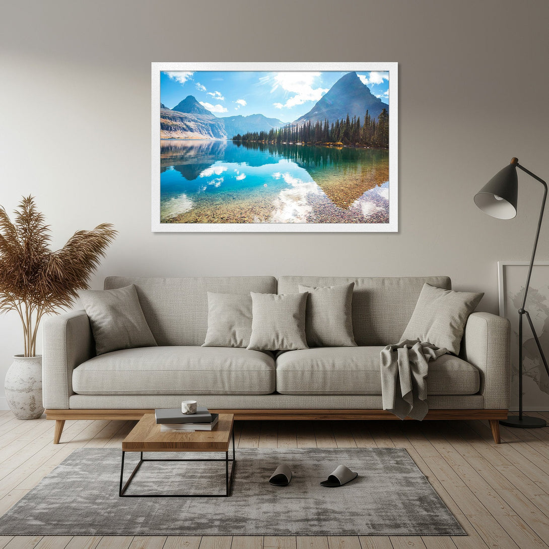 Framed Poster of a serene mountain lake scene in a blue and green color palette. Perfect for adding a touch of nature to your decor!