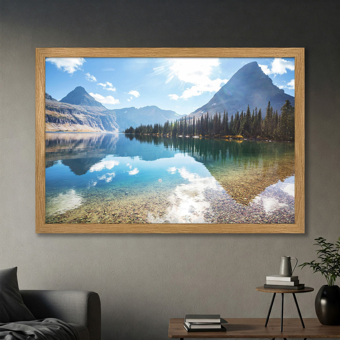 Framed Poster of a scenic mountain lake landscape. Natural, vibrant colors with a calming, nature-inspired style. Perfect wall art.