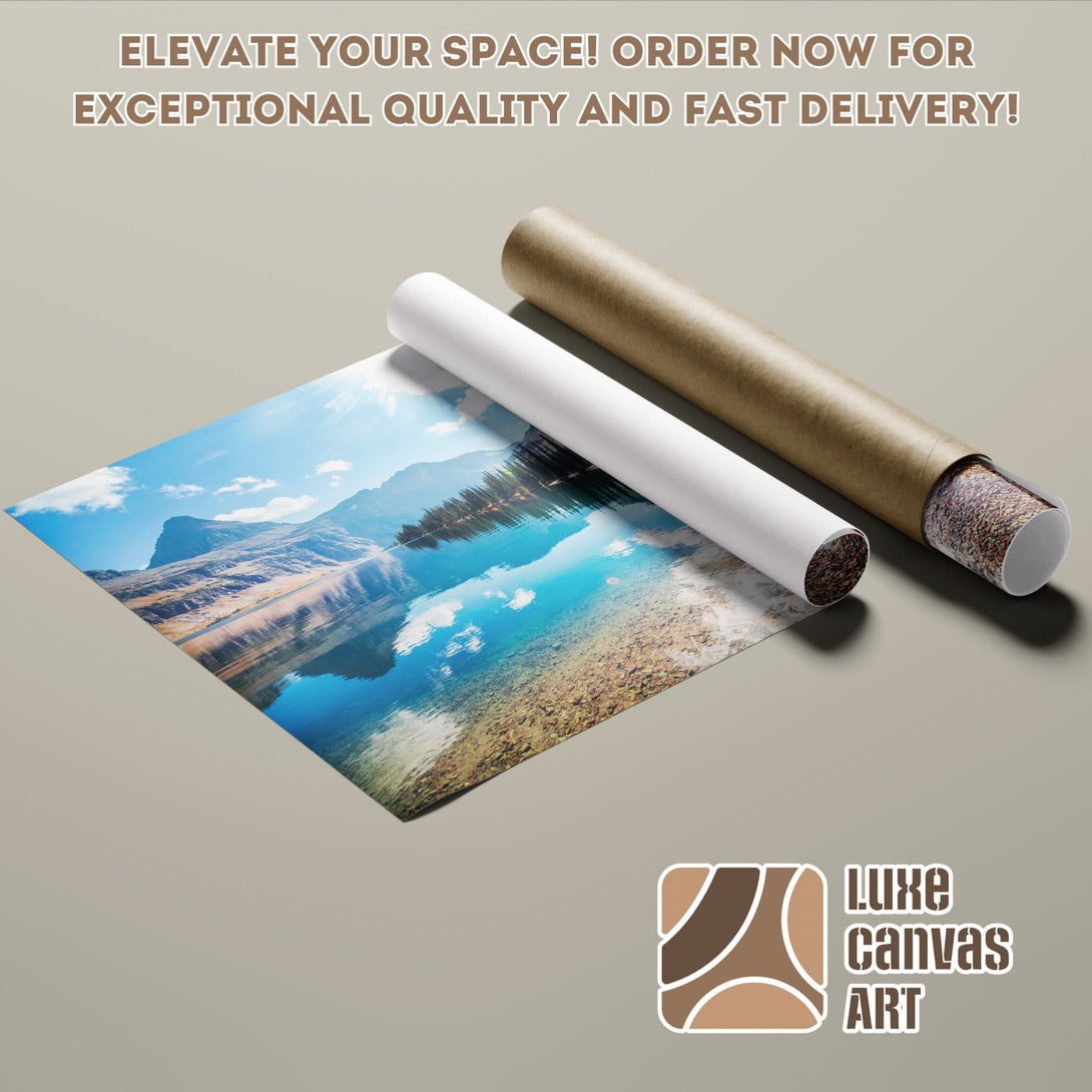 Poster Roll featuring a serene landscape with blue sky and water, earthy tones.