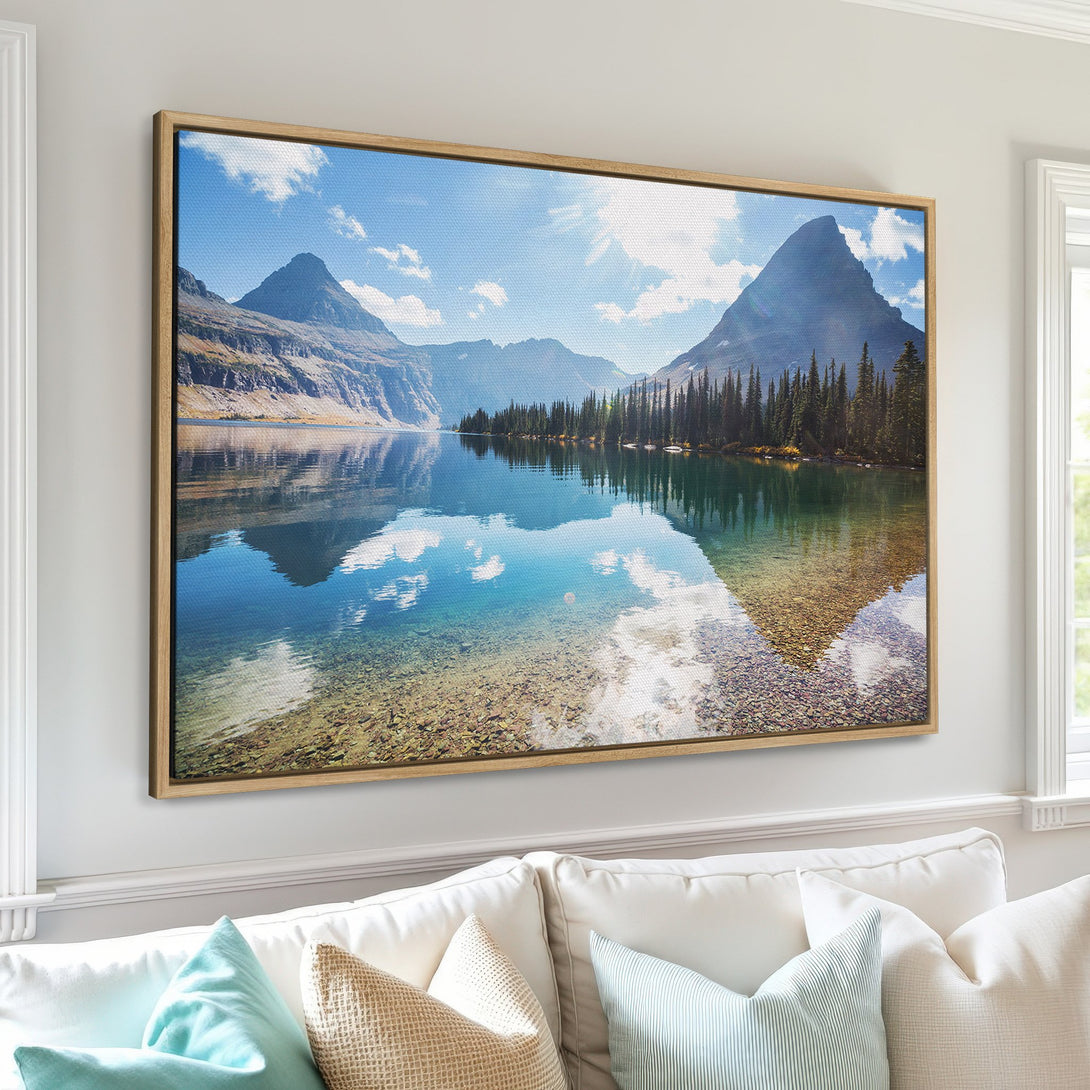 Framed Wall Art of a serene mountain lake scene. Blue, green, and neutral tones create a calming aesthetic. Perfect for adding nature's beauty to your home.
