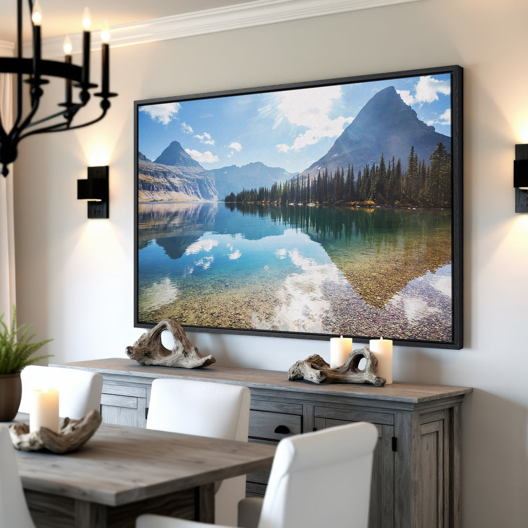 Framed Wall Art of a serene mountain lake scene, perfect for adding a touch of nature to your home. Features blue, green, and brown tones.