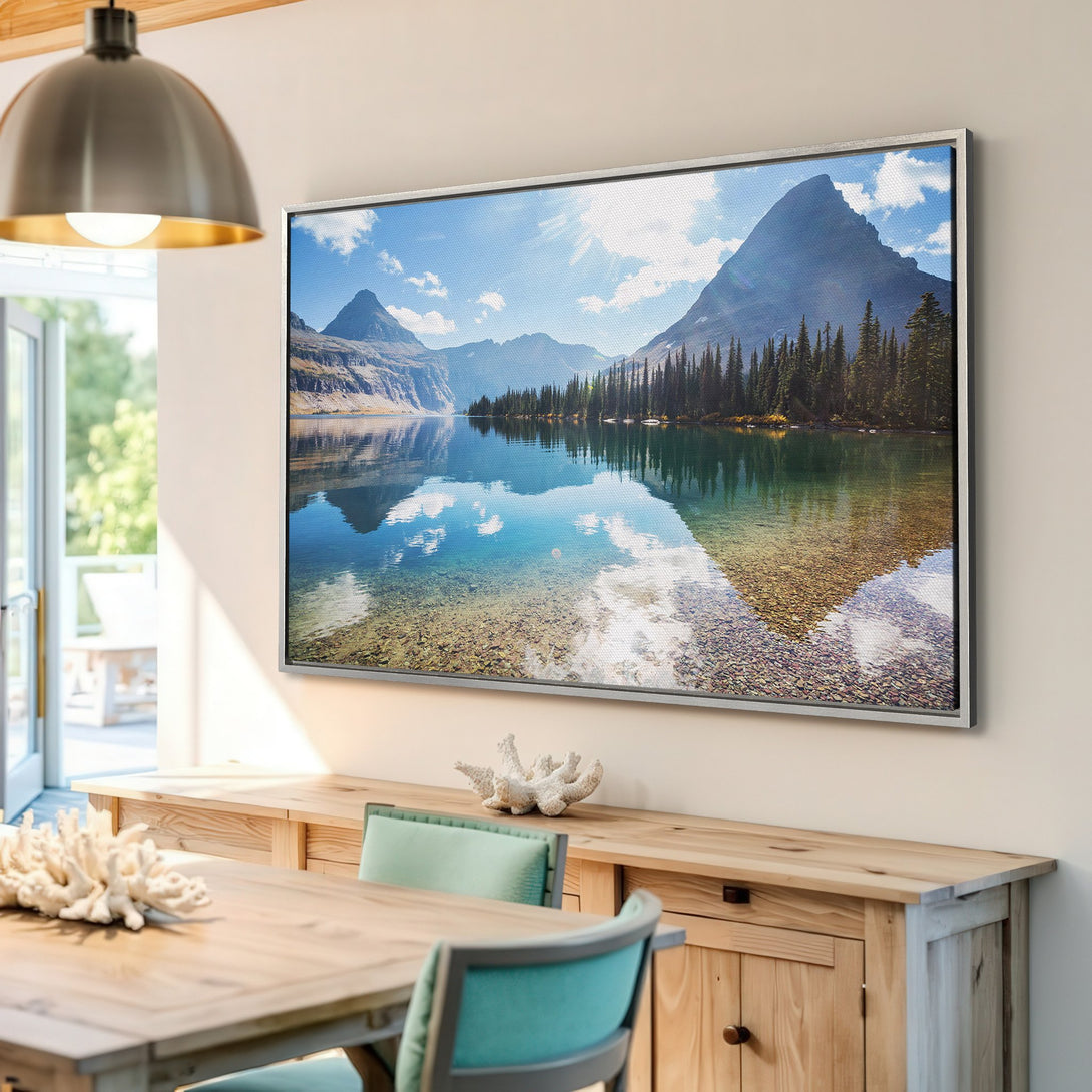 Framed Wall Art of a serene mountain lake scene. Natural blues, greens, and earth tones create a calming aesthetic. Perfect for adding a touch of nature to your home.