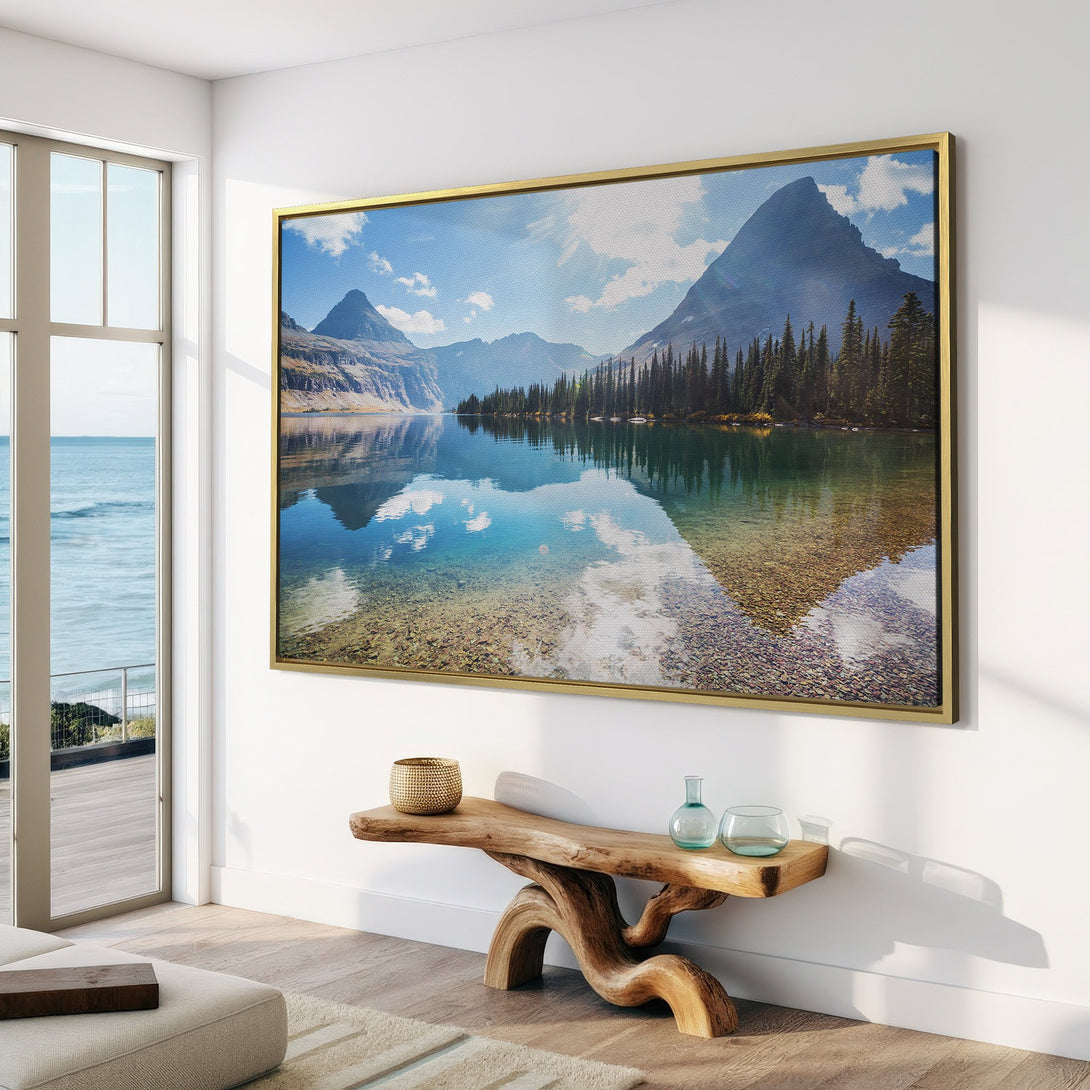 Canvas Print of a serene mountain lake scene in a modern interior. Featuring a calming blue, green, and neutral color palette, perfect for any space.