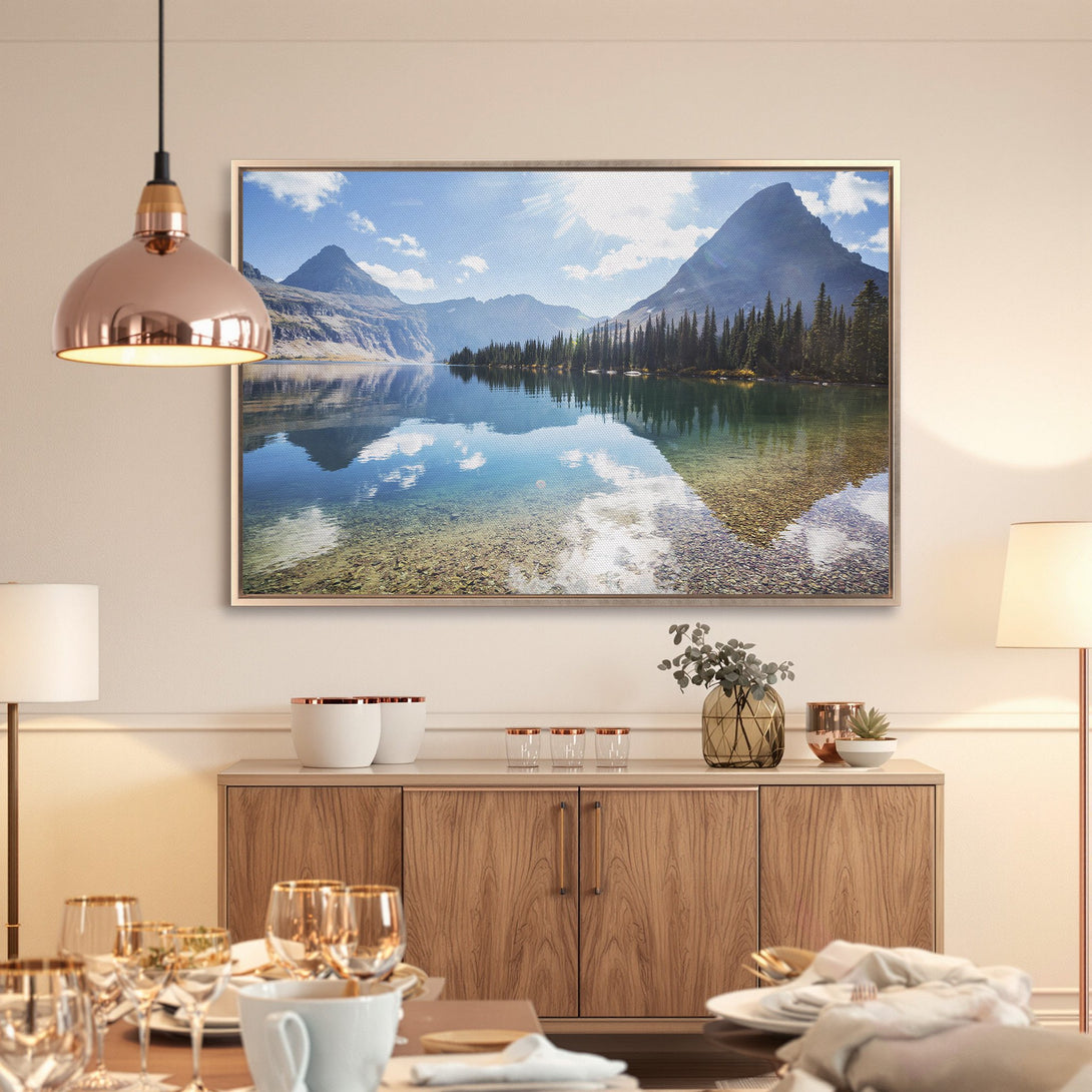 Framed Wall Art featuring a serene mountain lake scene. Natural landscape art with blue, green, and neutral tones, perfect for adding a calming touch to any space.