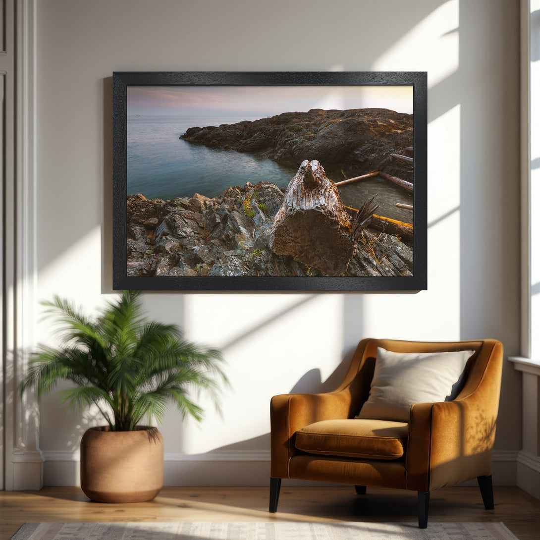 Framed Poster featuring a coastal landscape in muted earth tones. Perfect wall art for a calming, nature-inspired space.