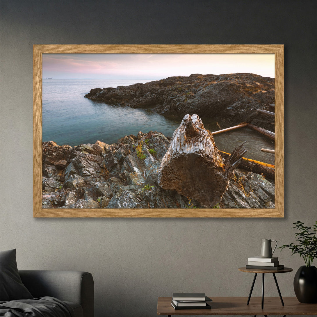 Framed Poster featuring a serene coastal landscape with a neutral color palette. Perfect wall art for a calming atmosphere.