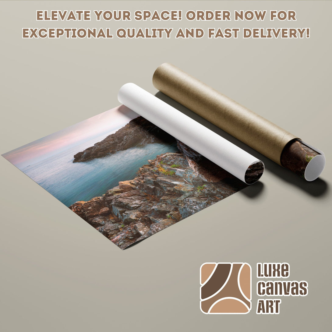 Poster Roll of coastal landscape art, featuring blues, browns, and pinks. Elevate your space today!