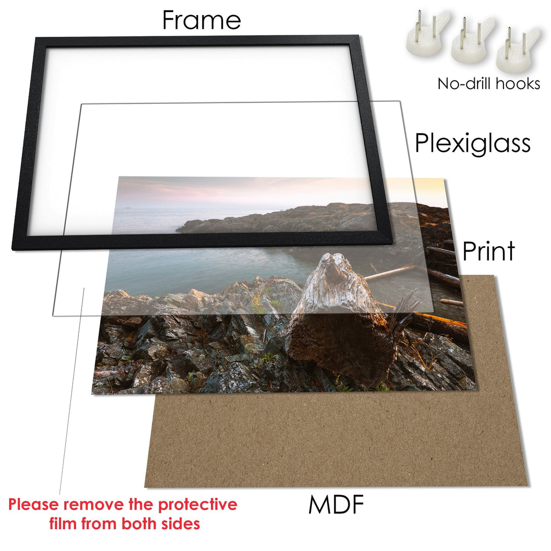 Framed Poster of coastal landscape art, featuring rocks and water. Earthy tones and serene style. Ready to hang!