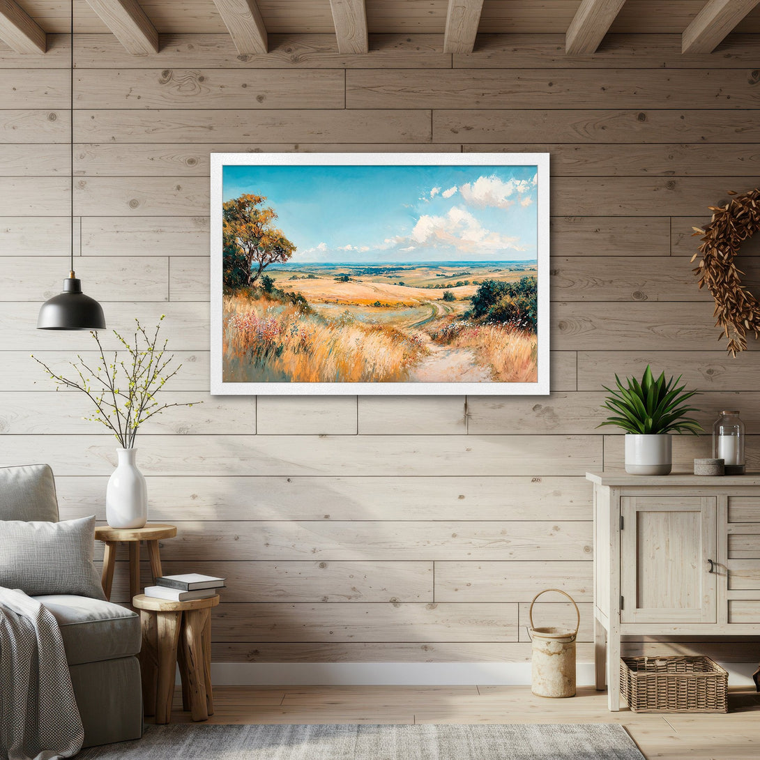 Framed Poster of a serene landscape painting in warm, earthy tones. Perfect wall art for a cozy home decor.
