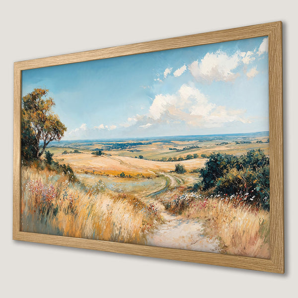Framed Poster of a serene landscape painting in warm, earthy tones with a blue sky. Perfect wall art!
