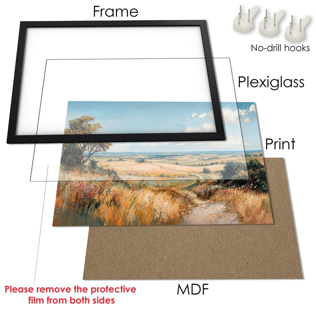 Framed Poster of a landscape painting with warm tones and a black frame. Perfect wall art for your home!