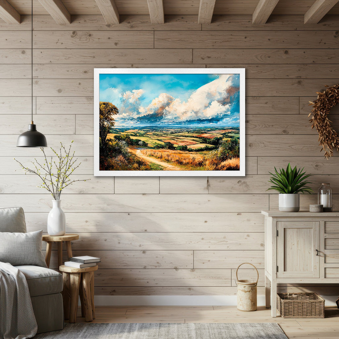 Framed Poster of a vibrant landscape painting. Impressionistic style with blues, greens, and golds. Perfect wall art for your home!
