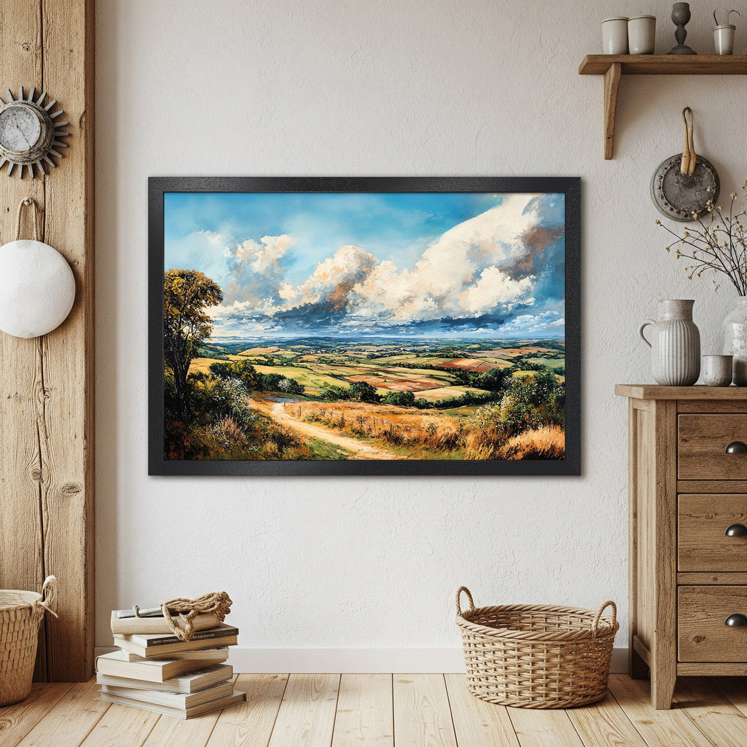 Framed Poster of a landscape painting. Features a vibrant sky, rolling hills, and a warm color palette. Perfect wall art!