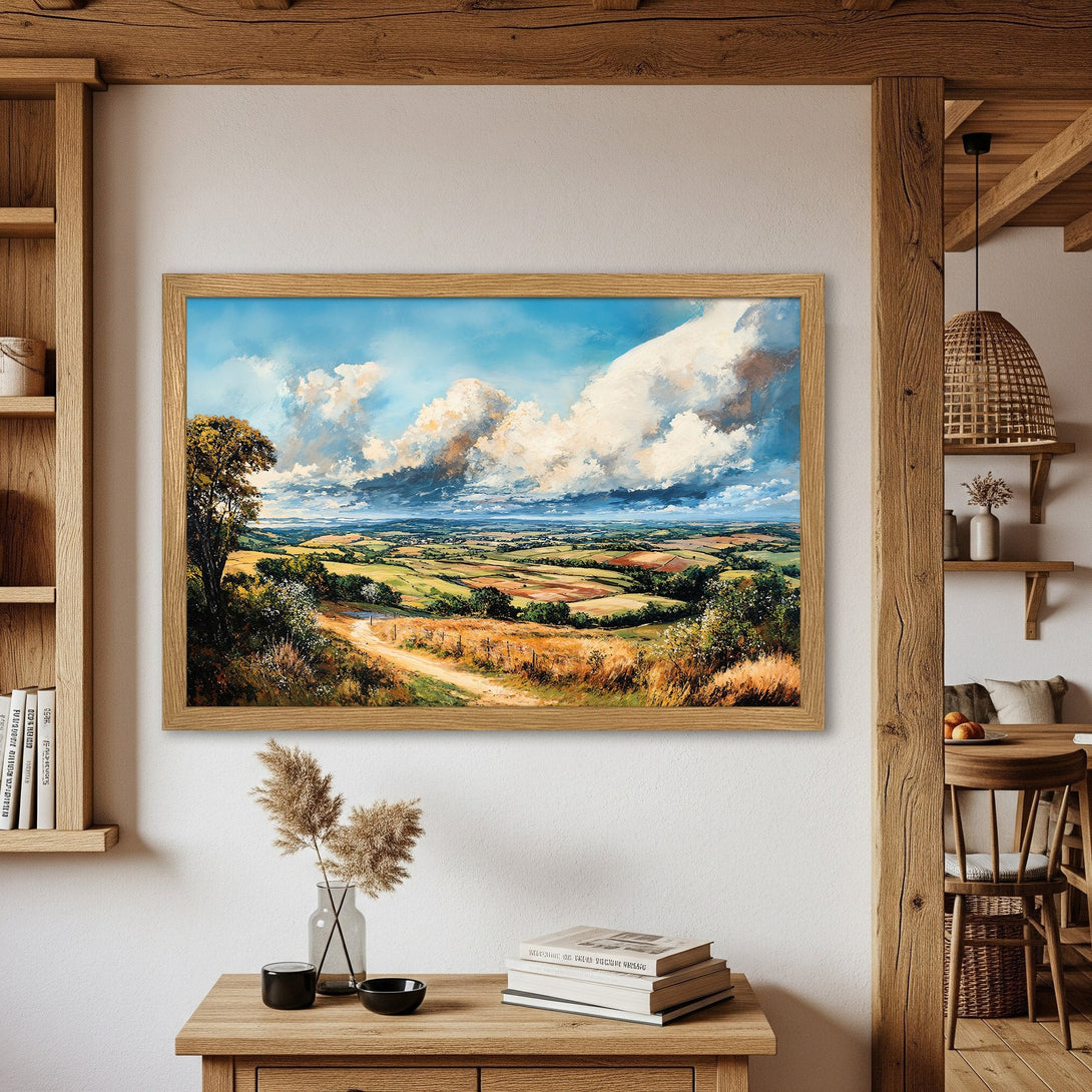 Framed Poster of a scenic landscape painting with blue sky, green fields, and warm color palette. Perfect wall art!
