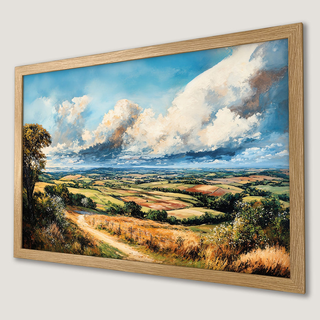 Framed Poster of a scenic landscape painting in a vibrant, impressionistic style with a warm, earthy color palette.