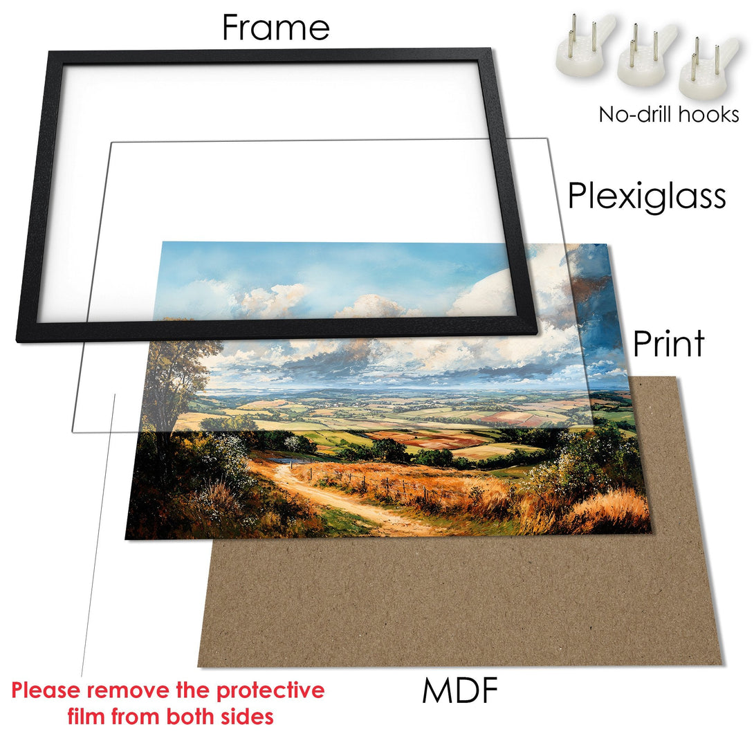 Framed Poster of a scenic landscape in warm tones. Perfect art for your living room! Includes frame, Plexiglass, and no-drill hooks.