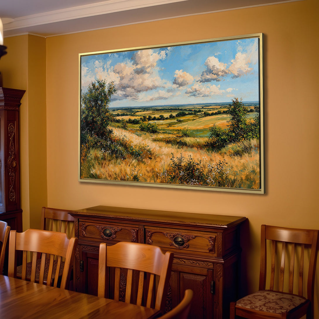 Canvas Print of a serene landscape painting in warm, earthy tones, creating a cozy and inviting living room atmosphere.