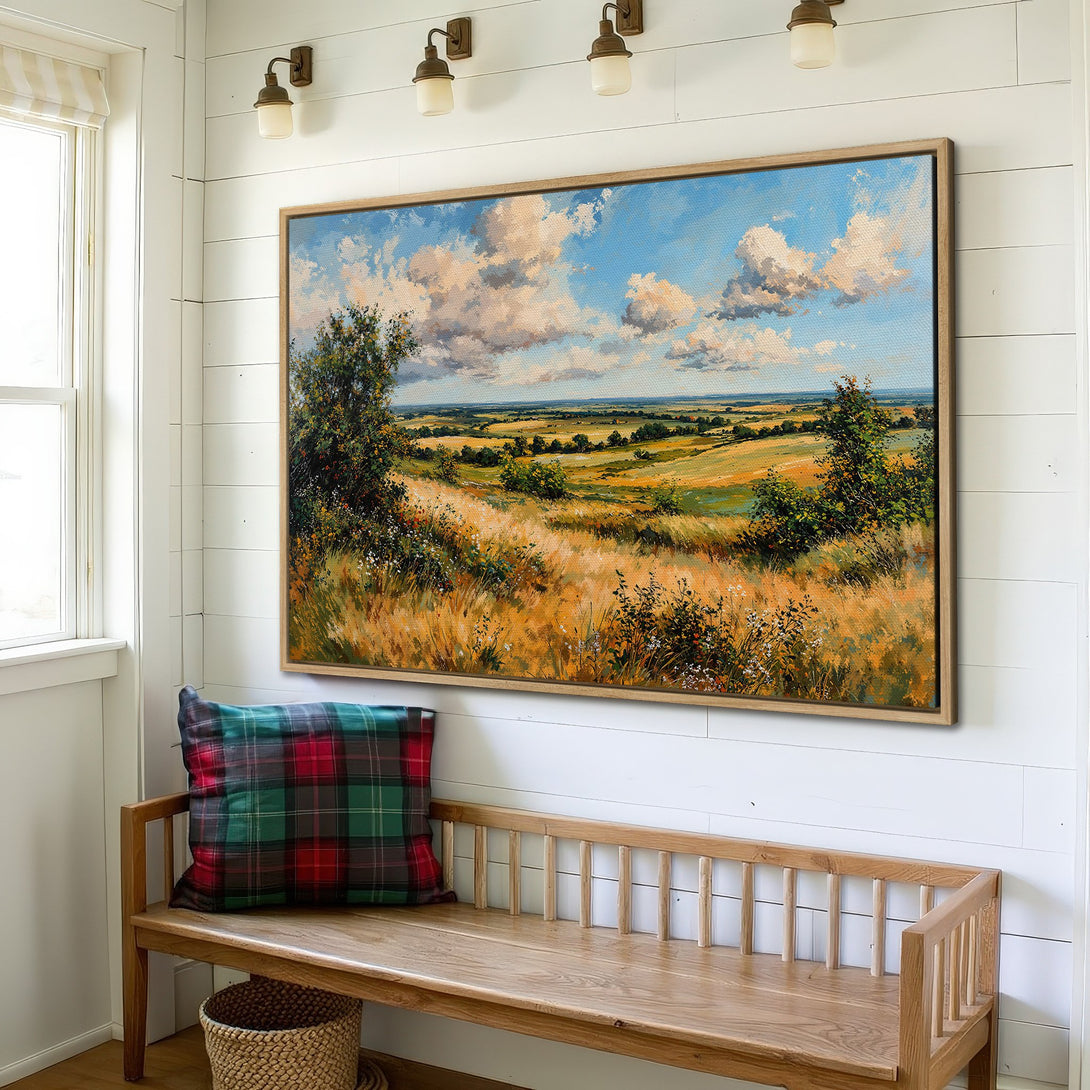 Framed Wall Art: Landscape painting in warm yellow and blue tones. Rustic style canvas print adds a touch of nature to your home decor.