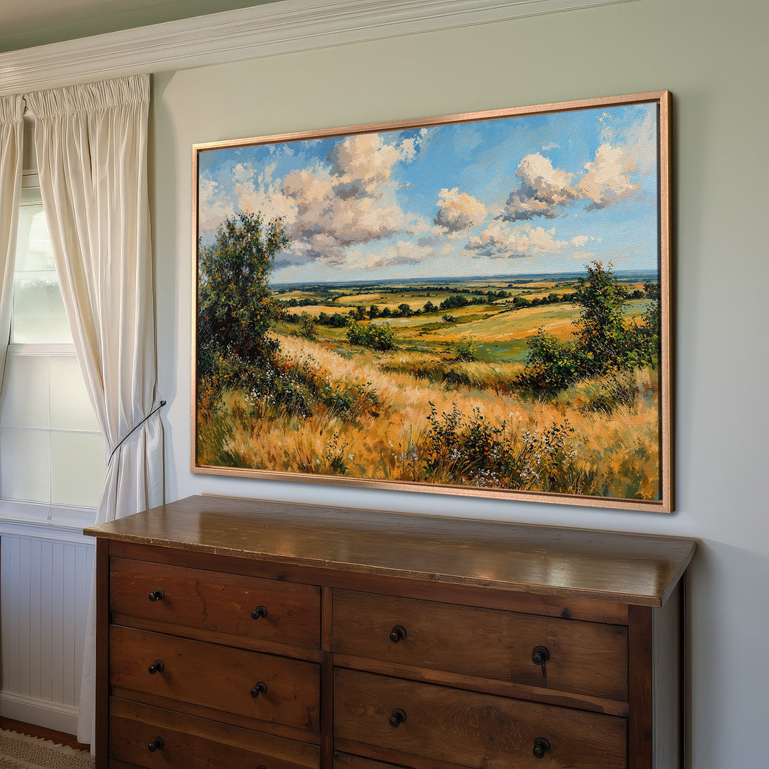 Framed Wall Art: Landscape Canvas Print with a vibrant blue sky and golden fields. Classic style, warm color palette, perfect for home decor.