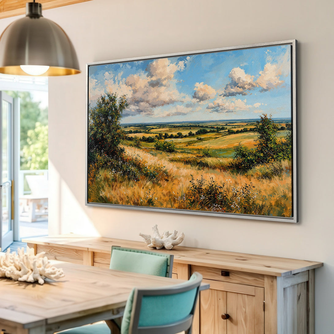 Framed Wall Art: Landscape Canvas Print with a vibrant, impressionistic style. Features a sunny field with blue sky and warm earth-tone color palette.