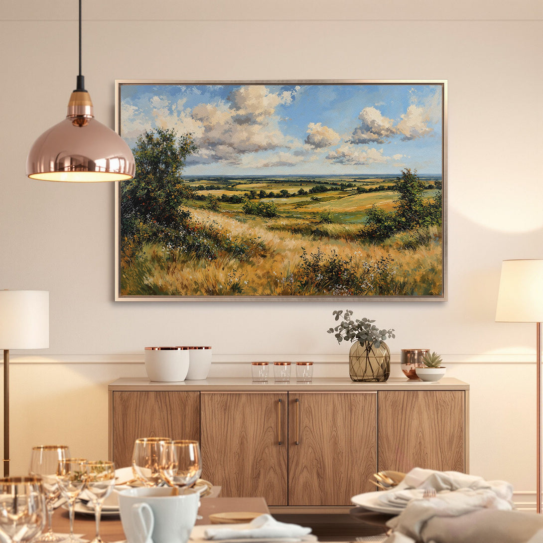 Framed Wall Art: Landscape Canvas Print with a serene countryside scene in warm, earthy tones. Perfect for adding a touch of nature to your home decor.