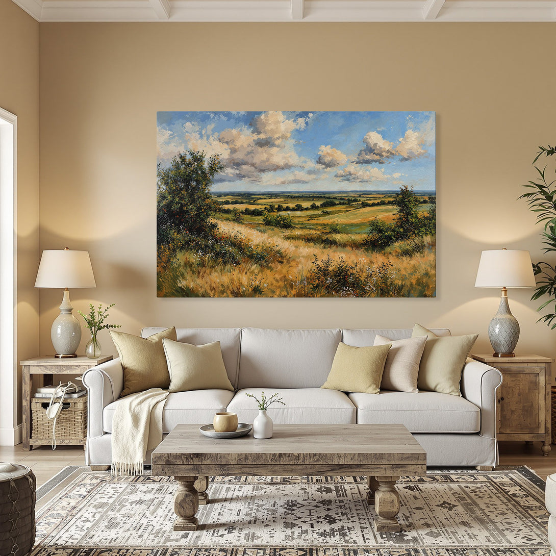 Framed Wall Art: Landscape Canvas Print with blue sky, golden fields, and green trees. Rustic art in warm, inviting color palette. Perfect for any home!