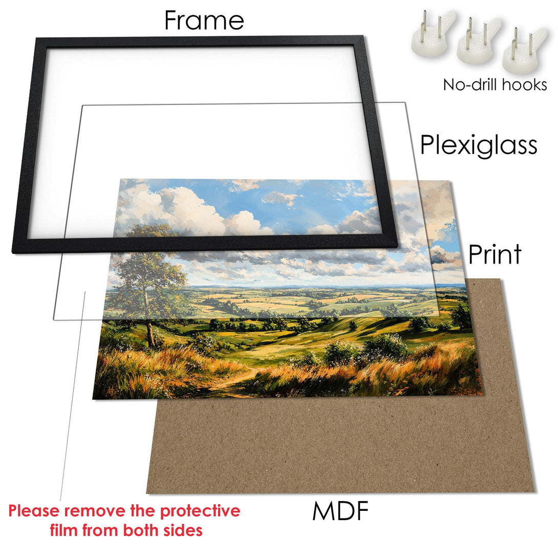 Framed Poster of a scenic landscape painting with blue sky, green fields, and warm color palette. Perfect wall art!