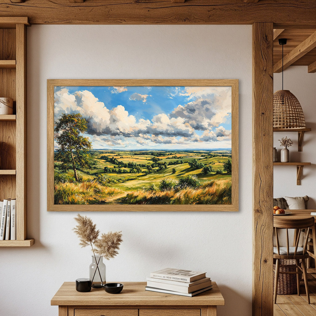 Framed Poster of a serene landscape painting with a blue sky, green fields, and a warm color palette. Perfect wall art!