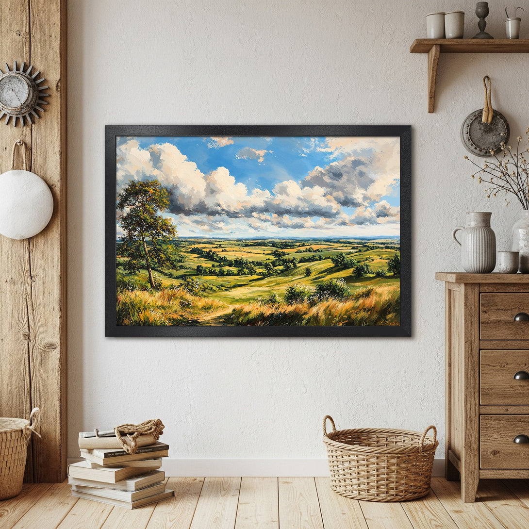 Framed Poster of a landscape painting with blue sky, green fields, and a warm color palette. Perfect wall art for your home!