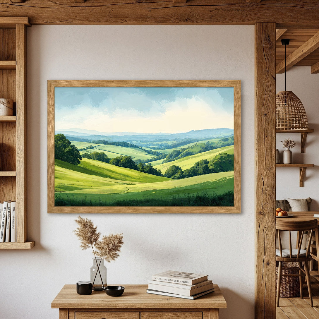 Framed Poster of a serene green landscape. Watercolor style with a calming blue and green color palette. Perfect for home decor.
