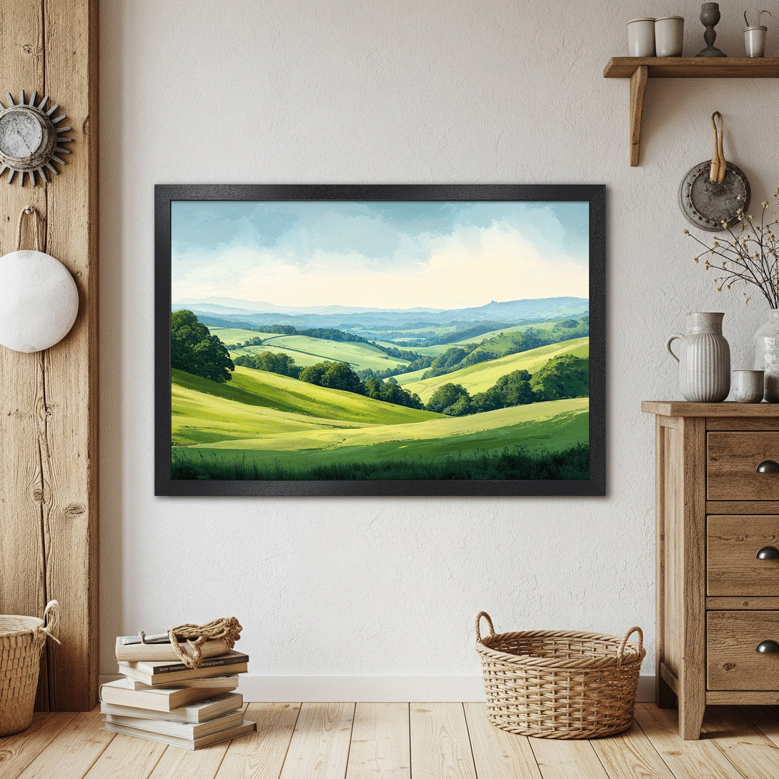 Framed Poster of rolling green hills in a watercolor style, with a blue and green color palette. Perfect wall art.