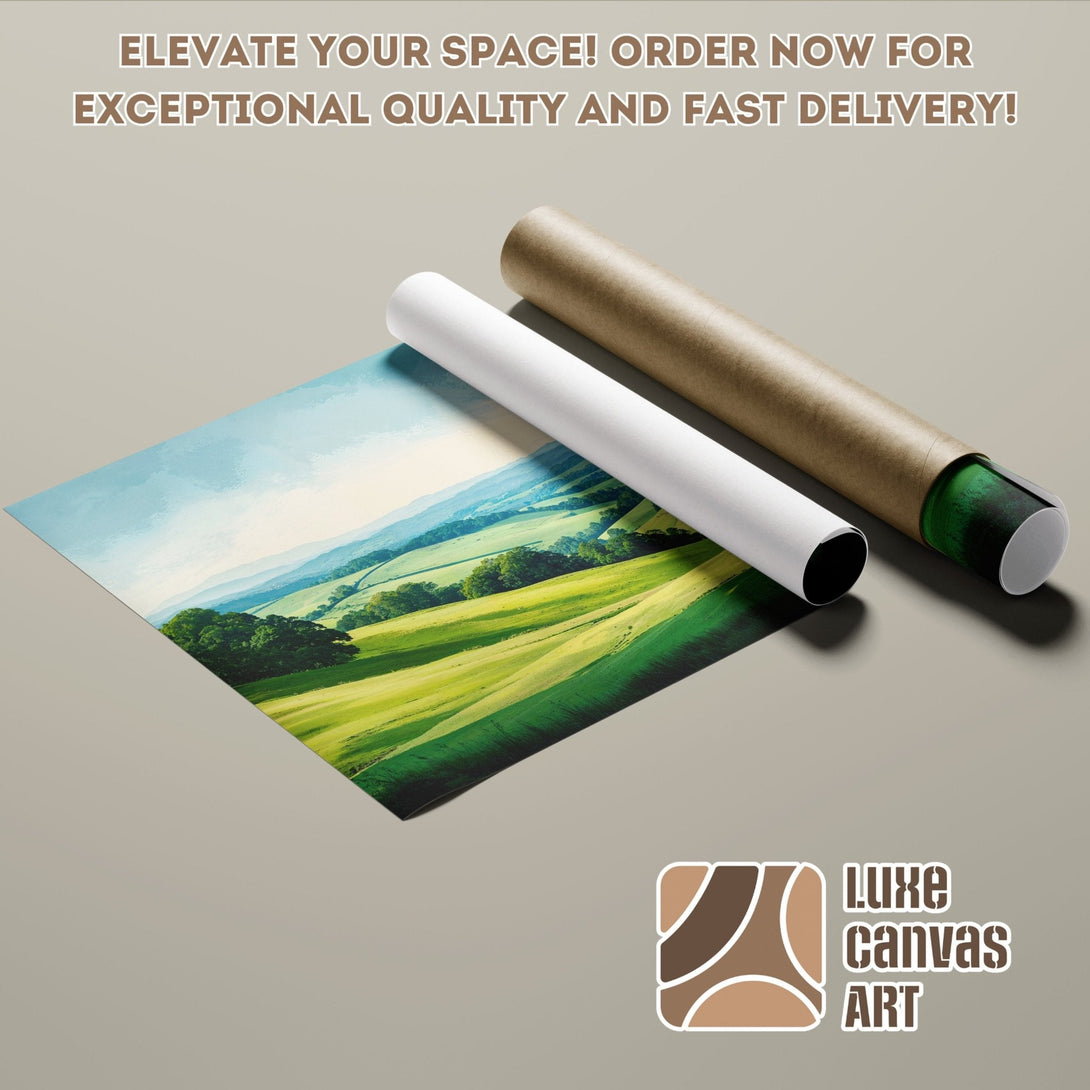 Poster Roll featuring a landscape painting in green and blue tones. Elevate your space with Luxe Canvas Art!