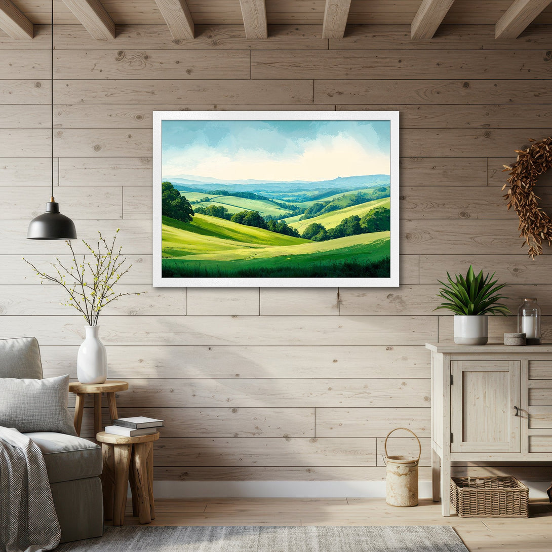 Framed Poster of a vibrant green landscape painting. Watercolor style with a blue and green color palette. Perfect wall art for your home.