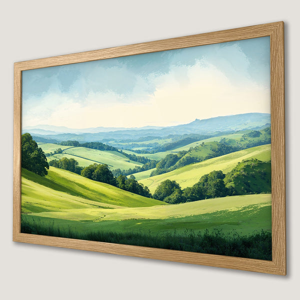 Framed Poster of rolling green hills. Scenic landscape art in a vibrant green and blue color palette. Perfect wall decor.