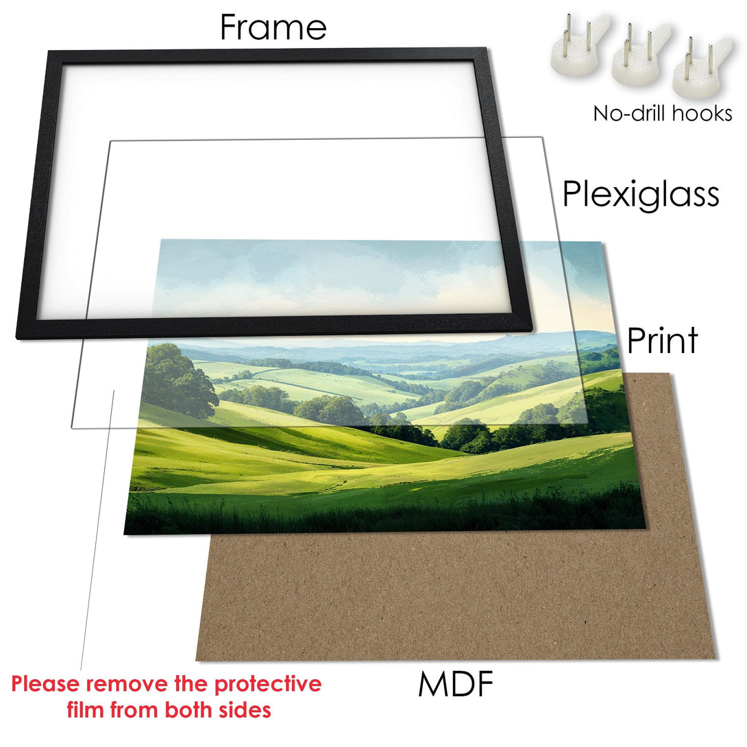 Framed Poster featuring a serene landscape in green and blue tones. Perfect wall art to brighten any space!