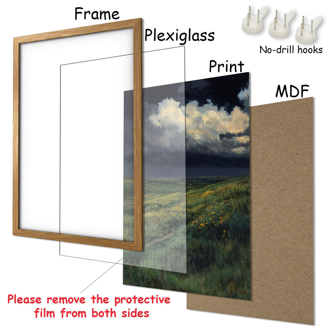Framed Poster of a landscape painting with a moody sky and green fields. Earthy tones and a natural wood frame. Add art to your space!
